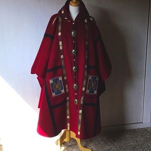 Red Wool Southwest Cape with Hood - Medium